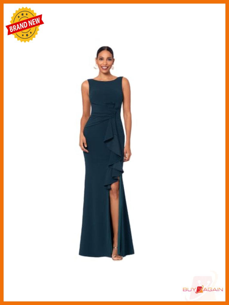 Long Bodycon Sleeveless Boat Neck Evening Gown With Side Slit Ruffle